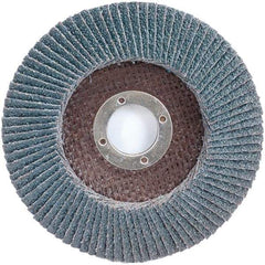 Merit Abrasives - 40 Grit, 4-1/2" Disc Diam, 7/8" Center Hole, Type 29 Zirconia Alumina Flap Disc - 13,000 Max RPM, Fiberglass Backing, Arbor Attaching System, Coated - Apex Tool & Supply