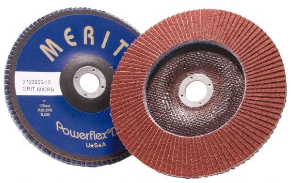 Merit Abrasives - 60 Grit, 4-1/2" Disc Diam, 7/8" Center Hole, Type 27 Aluminum Oxide Flap Disc - 13,300 Max RPM, Fiberglass Backing, Arbor Attaching System, Coated - Apex Tool & Supply