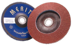 Merit Abrasives - 60 Grit, 4-1/2" Disc Diam, 7/8" Center Hole, Type 27 Aluminum Oxide Flap Disc - 13,300 Max RPM, Fiberglass Backing, Arbor Attaching System, Coated - Apex Tool & Supply