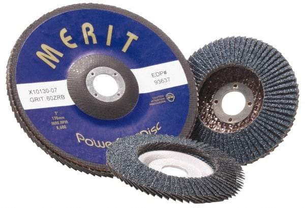 Merit Abrasives - 120 Grit, 5" Disc Diam, 7/8" Center Hole, Type 29 Zirconia Alumina Flap Disc - 12,000 Max RPM, Fiberglass Backing, Arbor Attaching System, Coated - Apex Tool & Supply