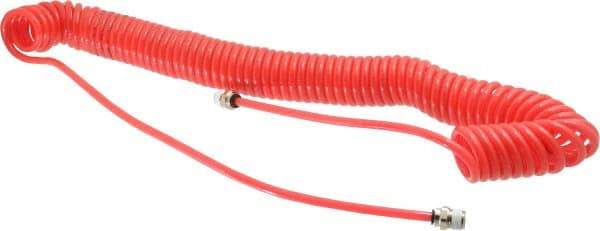 PRO-SOURCE - 0.16 ID, 1/4 Thread, 25' Long, Red Polyurethane Coiled & Self Storing Hose - 125 Max psi, Male Swivel x Male Swivel - Apex Tool & Supply
