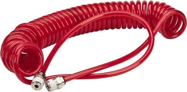 PRO-SOURCE - 0.16 ID, 1/4 Thread, 15' Long, Red Polyurethane Coiled & Self Storing Hose - 125 Max psi, Male Swivel x Male Swivel - Apex Tool & Supply