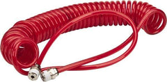 PRO-SOURCE - 0.16 ID, 1/4 Thread, 15' Long, Red Polyurethane Coiled & Self Storing Hose - 125 Max psi, Male Swivel x Male Swivel - Apex Tool & Supply