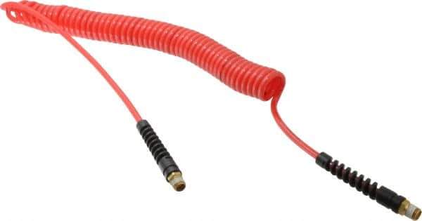 PRO-SOURCE - 3/16" ID, 1/4 Thread, 20' Long, Red Polyurethane Coiled & Self Storing Hose - 147 Max psi, Male Swivel x Male Swivel - Apex Tool & Supply