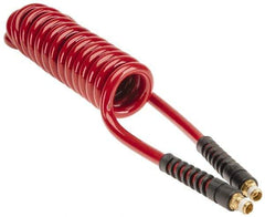 PRO-SOURCE - 3/8" ID, 1/4 Thread, 10' Long, Red Polyurethane Coiled & Self Storing Hose - 200 Max psi, Male Swivel x Male Swivel - Apex Tool & Supply