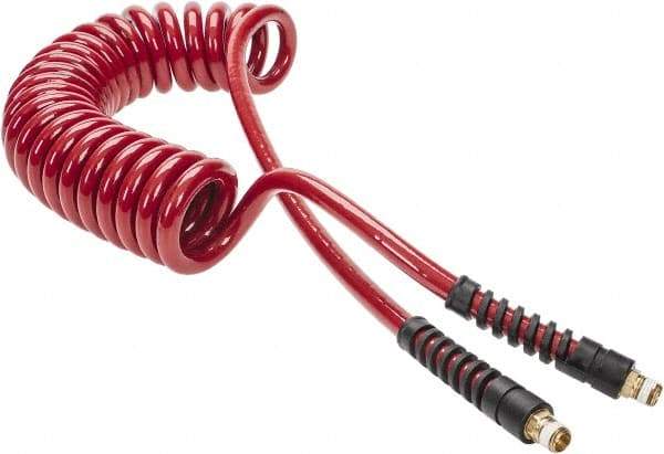 PRO-SOURCE - 3/8" ID, 1/4 Thread, 15' Long, Red Polyurethane Coiled & Self Storing Hose - 200 Max psi, Male Swivel x Male Swivel - Apex Tool & Supply