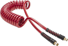 PRO-SOURCE - 3/8" ID, 1/4 Thread, 15' Long, Red Polyurethane Coiled & Self Storing Hose - 200 Max psi, Male Swivel x Male Swivel - Apex Tool & Supply