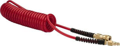 PRO-SOURCE - 1/4" ID, 1/4 Thread, 15' Long, Red Polyurethane Coiled & Self Storing Hose - Male Swivel x Male Swivel - Apex Tool & Supply