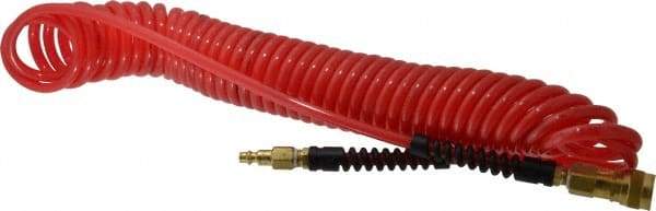 PRO-SOURCE - 1/4" ID, 1/4 Thread, 25' Long, Red Polyurethane Coiled & Self Storing Hose - Male Swivel x Male Swivel - Apex Tool & Supply