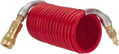 PRO-SOURCE - 1/4" ID, 1/4 Thread, 12' Long, Red Nylon Coiled & Self Storing Hose - 240 Max psi, Industrial Interchange Coupler x Plug - Apex Tool & Supply