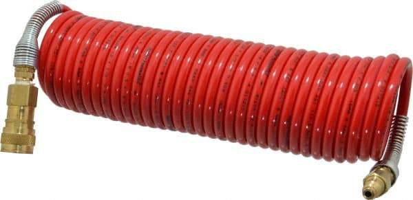 PRO-SOURCE - 1/4" ID, 1/4 Thread, 25' Long, Red Nylon Coiled & Self Storing Hose - 240 Max psi, Industrial Interchange Coupler x Plug - Apex Tool & Supply