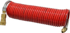 PRO-SOURCE - 1/4" ID, 1/4 Thread, 25' Long, Red Nylon Coiled & Self Storing Hose - 240 Max psi, Industrial Interchange Coupler x Plug - Apex Tool & Supply