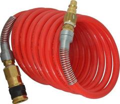 PRO-SOURCE - 3/8" ID, 3/8 Thread, 12' Long, Red Nylon Coiled & Self Storing Hose - 225 Max psi, Industrial Interchange Coupler x Plug - Apex Tool & Supply