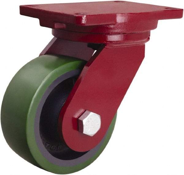Hamilton - 6" Diam x 2-1/2" Wide x 8-1/2" OAH Top Plate Mount Swivel Caster - Polyurethane Mold onto Cast Iron Center, 1,600 Lb Capacity, Tapered Roller Bearing, 6-1/8 x 7-1/2" Plate - Apex Tool & Supply
