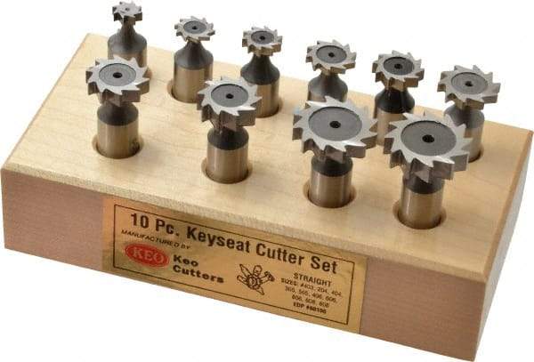 Keo - 3/8 to 1" Cutting Diam, Straight Tooth Configuration, Woodruff and Keyseat Cutter Set - 204 to 808 ANSI, High Speed Steel, 10 Pieces - Apex Tool & Supply