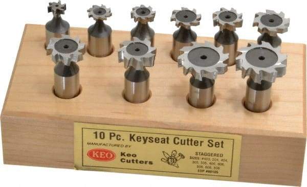 Keo - 1/2 to 1" Cutting Diam, Staggered Tooth Configuration, Woodruff and Keyseat Cutter Set - 204 to 808 ANSI, High Speed Steel, 10 Pieces - Apex Tool & Supply