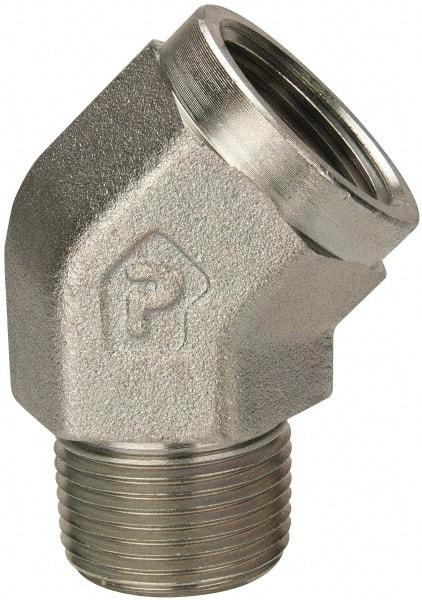 Parker - 1 Male Thread x 1 Female Thread, Zinc Plated Steel Industrial Pipe 45° Street Elbow - MNPTF x FNPTF, 1,800 psi - Apex Tool & Supply