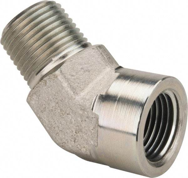 Parker - 1/2 Male Thread x 1/2 Female Thread, Zinc Plated Steel Industrial Pipe 45° Street Elbow - MNPTF x FNPTF, 3,000 psi - Apex Tool & Supply