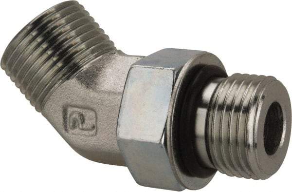 Parker - 1/2" OD, Steel Zinc Plated Male 45° Elbow - 6,000 Max Working psi, O-Ring Face Seal/SAE-ORB Ends - Apex Tool & Supply