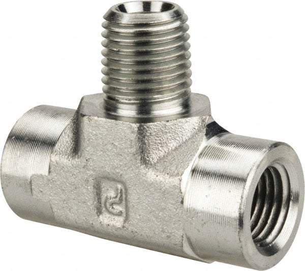 Parker - 1/4 Male Thread x 1/4 Female Thread, Zinc Plated Steel Industrial Pipe Male Branch Tee - MNPTF x FNPTF, 5,000 psi - Apex Tool & Supply