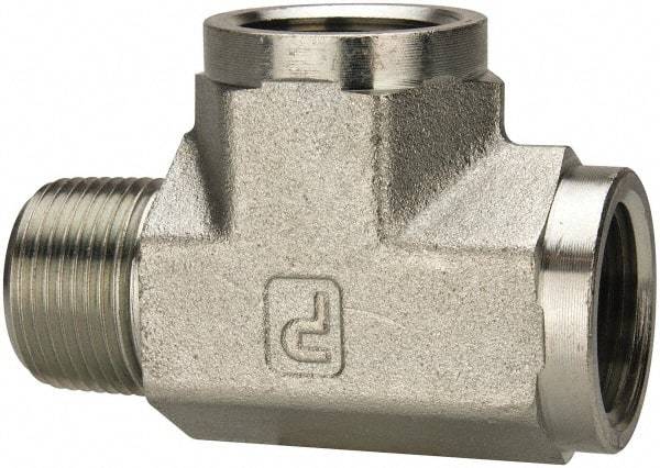 Parker - 1 Male Thread x 1 Female Thread, Zinc Plated Steel Industrial Pipe Street Tee - MNPTF x FNPTF, 1,800 psi - Apex Tool & Supply