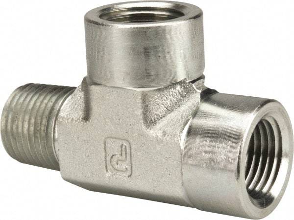 Parker - 1/2 Male Thread x 1/2 Female Thread, Zinc Plated Steel Industrial Pipe Street Tee - MNPTF x FNPTF, 3,000 psi - Apex Tool & Supply