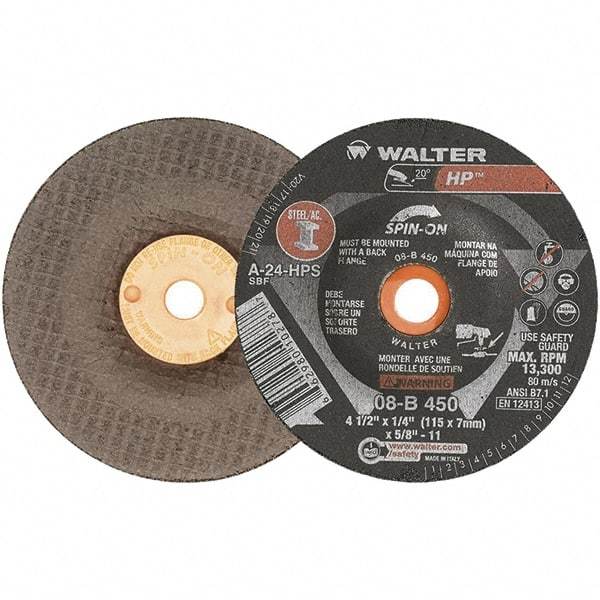 WALTER Surface Technologies - 24 Grit, 4-1/2" Wheel Diam, 1/4" Wheel Thickness, Type 27 Depressed Center Wheel - Aluminum Oxide, 13,300 Max RPM - Apex Tool & Supply