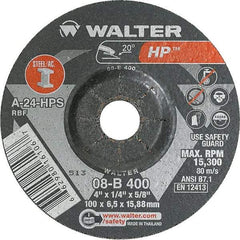WALTER Surface Technologies - 24 Grit, 4" Wheel Diam, 1/4" Wheel Thickness, 5/8" Arbor Hole, Type 27 Depressed Center Wheel - Aluminum Oxide, Resinoid Bond, 15,000 Max RPM - Apex Tool & Supply
