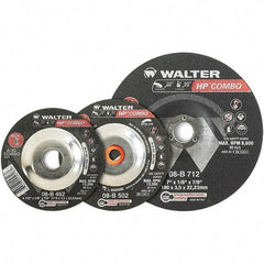 WALTER Surface Technologies - 30 Grit, 7" Wheel Diam, 1/8" Wheel Thickness, 7/8" Arbor Hole, Type 27 Depressed Center Wheel - Aluminum Oxide, Resinoid Bond, 8,600 Max RPM - Apex Tool & Supply