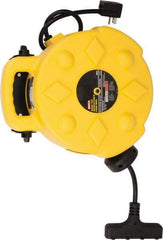 Bayco - 12 AWG, 50' Cable Length, Cord & Cable Reel with Outlet End - 4 Outlets, NEMA 5-15R, 15 Amps, SJTW Cable, Yellow Reel - Apex Tool & Supply