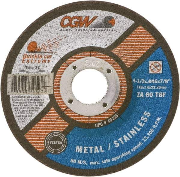 Camel Grinding Wheels - 60 Grit, 6" Wheel Diam, 7/8" Arbor Hole, Type 27 Depressed Center Wheel - Medium Grade, Zirconia Alumina, Resinoid Bond, T Hardness, 10,200 Max RPM - Apex Tool & Supply
