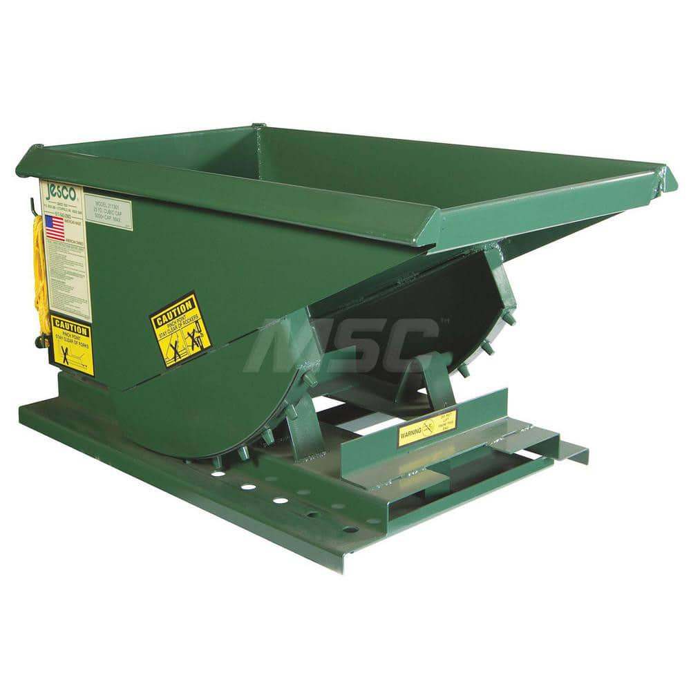 Stationary Tilt Hopper: 4,000 lb Capacity, 31″ Wide, 49″ Long, 26.5″ High Green, Powder Coated Steel, Hand Control