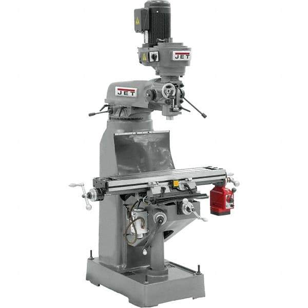 Jet - 9" Table Width x 42" Table Length, Step Pulley Control, 3 Phase Knee Milling Machine - R8 Spindle Taper, 2 hp - Apex Tool & Supply