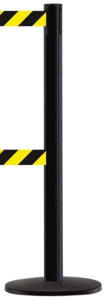 Tensator - 38-1/4" High, 2-1/2" Pole Diam, Tensabarrier Post - 13-1/2" Base Diam, Round ABS Plastic Base, Black 7-1/2" Tape, Dual Line Tape - Apex Tool & Supply