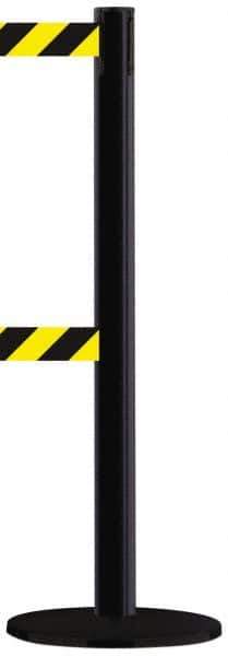 Tensator - 38-1/2" High, 2-1/2" Pole Diam, Tensabarrier Post - 13-1/2" Base Diam, Round Metal Base, Black 7-1/2' Tape, Dual Line Tape - Apex Tool & Supply