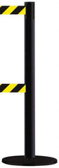 Tensator - 38-1/2" High, 2-1/2" Pole Diam, Tensabarrier Post - 13-1/2" Base Diam, Round Metal Base, Black 7-1/2' Tape, Dual Line Tape - Apex Tool & Supply