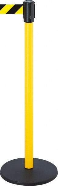 Tensator - 38-1/2" High, 2" Pole Diam, Tensabarrier Post - 13-1/2" Base Diam, Round Stainless Steel Base, Yellow 7-1/2' Tape - Apex Tool & Supply