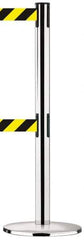 Tensator - 38-1/2" High, 2-1/2" Pole Diam, Tensabarrier Post - 13-1/2" Base Diam, Round Metal Base, Polished Chrome (Color) 7-1/2' Tape, Dual Line Tape - Apex Tool & Supply