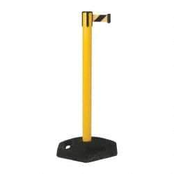 Tensator - 38-1/4" High, 2-1/2" Pole Diam, Tensabarrier Post - 19" Base Diam, UPVC Base, Yellow Plastic Post, 7-1/2' Tape, Single Line Tape, For Outdoor Use - Apex Tool & Supply