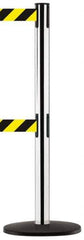Tensator - 38-1/4" High, 2-1/2" Pole Diam, Tensabarrier Post - 13-1/2" Base Diam, Round ABS Plastic Base, Polished Chrome (Color) 7-1/2" Tape, Dual Line Tape - Apex Tool & Supply