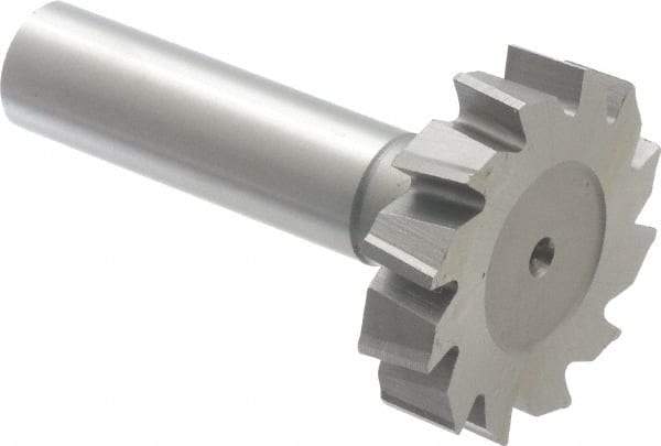 Made in USA - 1-3/8" Diam x 5/16" Face Width, High Speed Steel, 12 Teeth, Shank Connection Woodruff Keyseat Cutter - Uncoated, 2-5/16" OAL x 1/2" Shank, Staggered Teeth, ANSI 1011, Old Standard 23 - Apex Tool & Supply