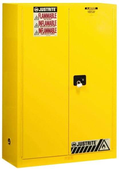Justrite - 2 Door, 2 Shelf, Yellow Steel Standard Safety Cabinet for Flammable and Combustible Liquids - 65" High x 43" Wide x 18" Deep, Manual Closing Door, 3 Point Key Lock, 45 Gal Capacity - Apex Tool & Supply