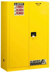 Justrite - 2 Door, 2 Shelf, Yellow Steel Standard Safety Cabinet for Flammable and Combustible Liquids - 65" High x 43" Wide x 18" Deep, Manual Closing Door, 3 Point Key Lock, 45 Gal Capacity - Apex Tool & Supply