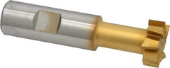 Made in USA - 31/32" Cut Diam, 25/64" Cut Width, 17/32" Neck Diam, 3/4" Shank Diam, 3-7/16" OAL, High Speed Steel T-Slot Cutter - TiN Finish, 1/2" Bolt, 2-1/16" Shank Length, Staggered Teeth, 8 Teeth, Weldon Flat - Apex Tool & Supply
