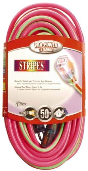 Southwire - 50', 12/3 Gauge/Conductors, Pink/Lime Green Outdoor Extension Cord - 1 Receptacle, 15 Amps, 125 VAC, UL SJTW, NEMA 5-15P, 5-15R - Apex Tool & Supply