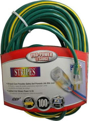 Southwire - 100', 12/3 Gauge/Conductors, Green/Yellow Outdoor Extension Cord - 1 Receptacle, 15 Amps, 125 VAC, UL SJTW, NEMA 5-15P, 5-15R - Apex Tool & Supply