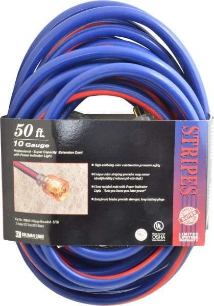 Southwire - 50', 10/3 Gauge/Conductors, Blue/Red Outdoor Extension Cord - 1 Receptacle, 15 Amps, 125 VAC, UL SJTW, NEMA 5-15P, 5-15R - Apex Tool & Supply