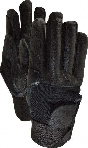 Ability One - Size L (9) Leather/Spandex/Gel Padded Anti-Vibration/Impact Protection Work Gloves - For Mechanic's & Lifting, Uncoated, Hook & Loop Cuff, Full Fingered, Black, Paired - Apex Tool & Supply
