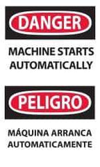 NMC - Accident Prevention Label, Header: DANGER - Legend: Danger - Machine Starts Automatically, English & Spanish, Black, Red & White, 3" Long x 5" High, Sign Muscle Finish - Apex Tool & Supply