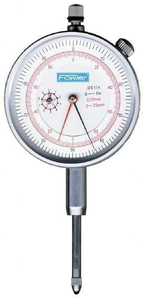 Fowler - 1" Range, 0-100, 0-200-0 Dial Reading, 0.001" Graduation Dial Drop Indicator - 2-1/4" Dial, 0.1" Range per Revolution, Revolution Counter - Apex Tool & Supply
